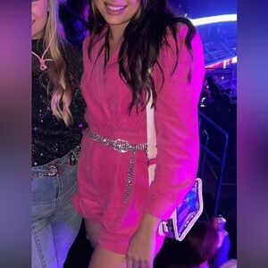 Pink Corduroy Long Sleeve Romper Rhinestone Belt V-Neck Short